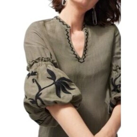 Chico's Tops - Chico's Womens 12 Olive Linen Blend Lantern Sleeve Embroided Beaded‎ Top